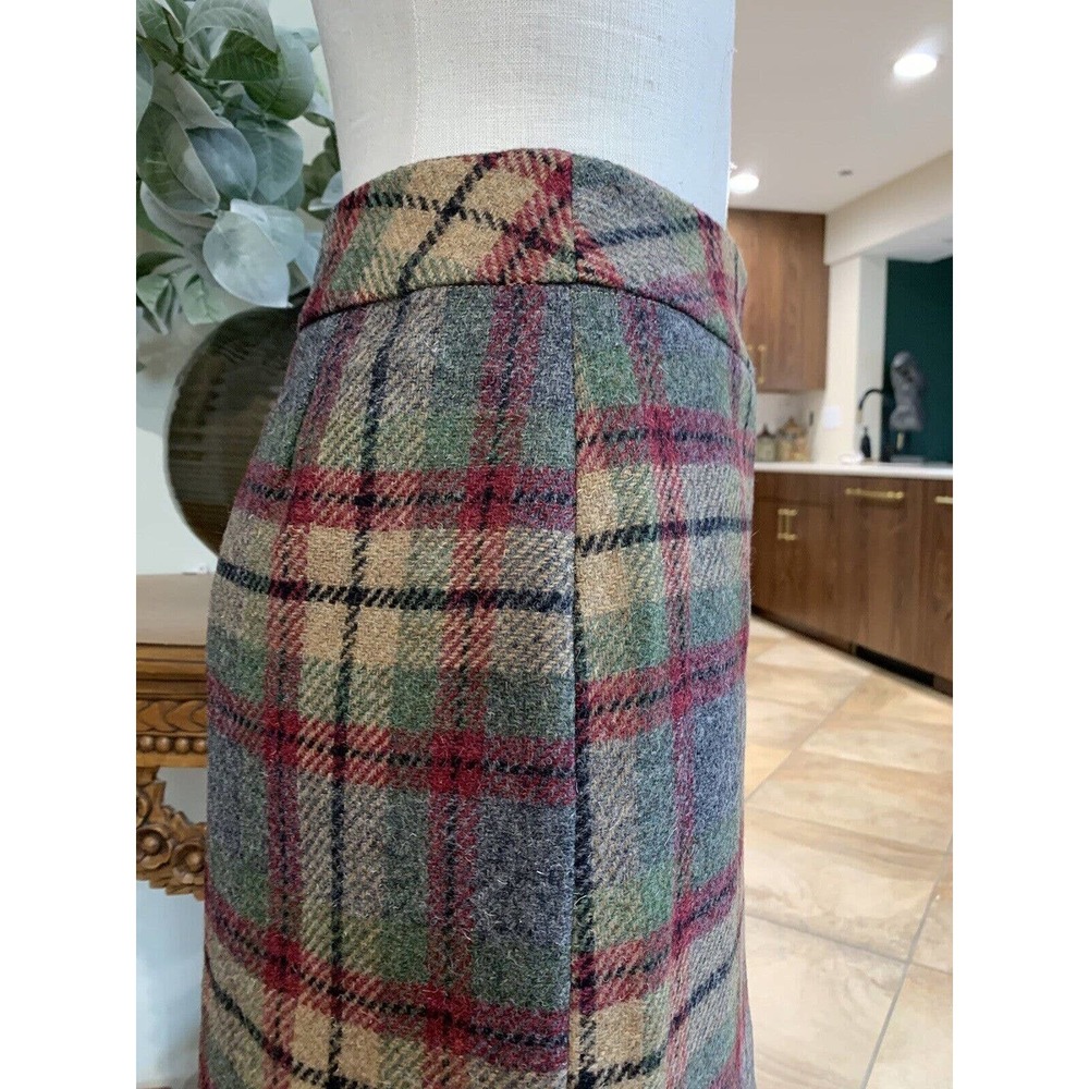 Savannah women 10 tan plaid wool button front vintage midi Straight skirt - Picture 5 of 10